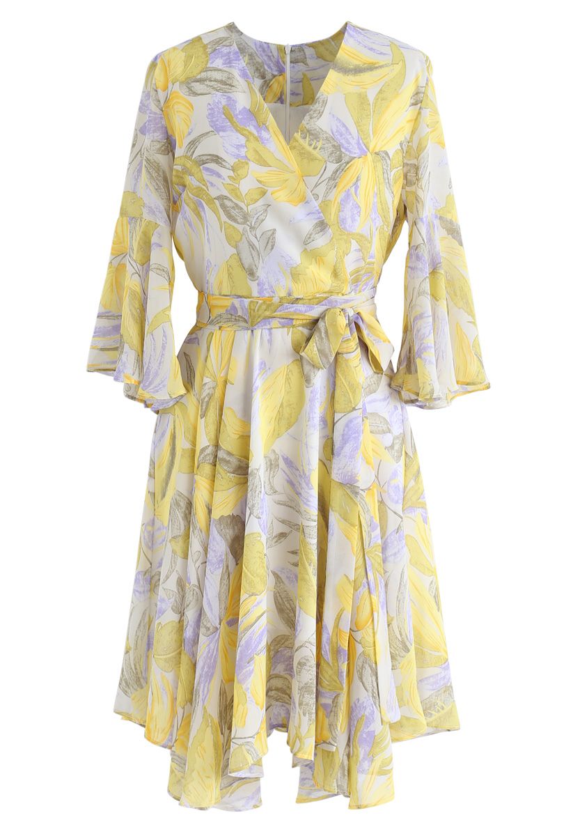 Tropical Splendor Watercolor Printed Wrap Dress in Yellow