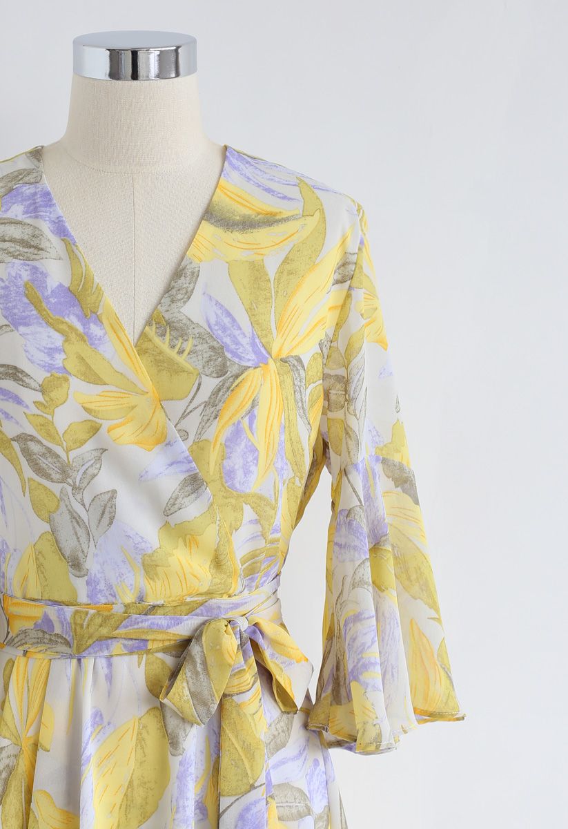 Tropical Splendor Watercolor Printed Wrap Dress in Yellow