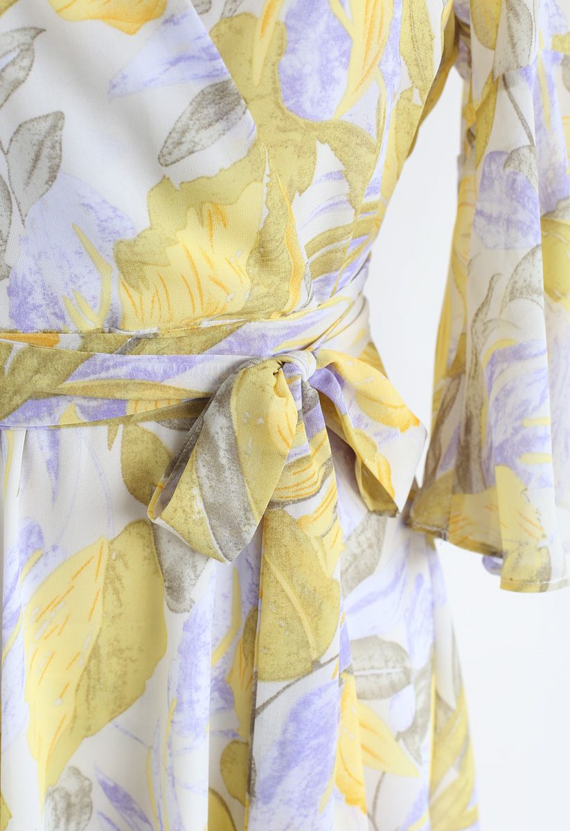 Tropical Splendor Watercolor Printed Wrap Dress in Yellow