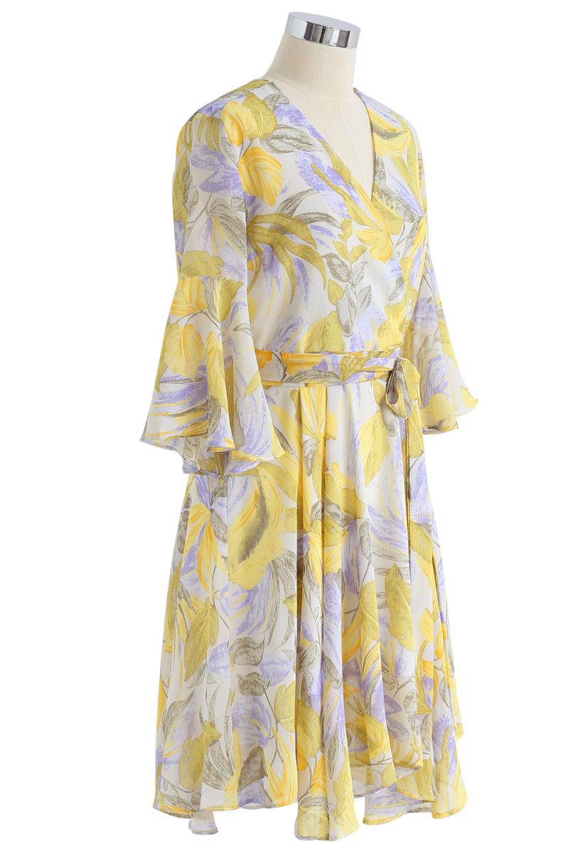 Tropical Splendor Watercolor Printed Wrap Dress in Yellow