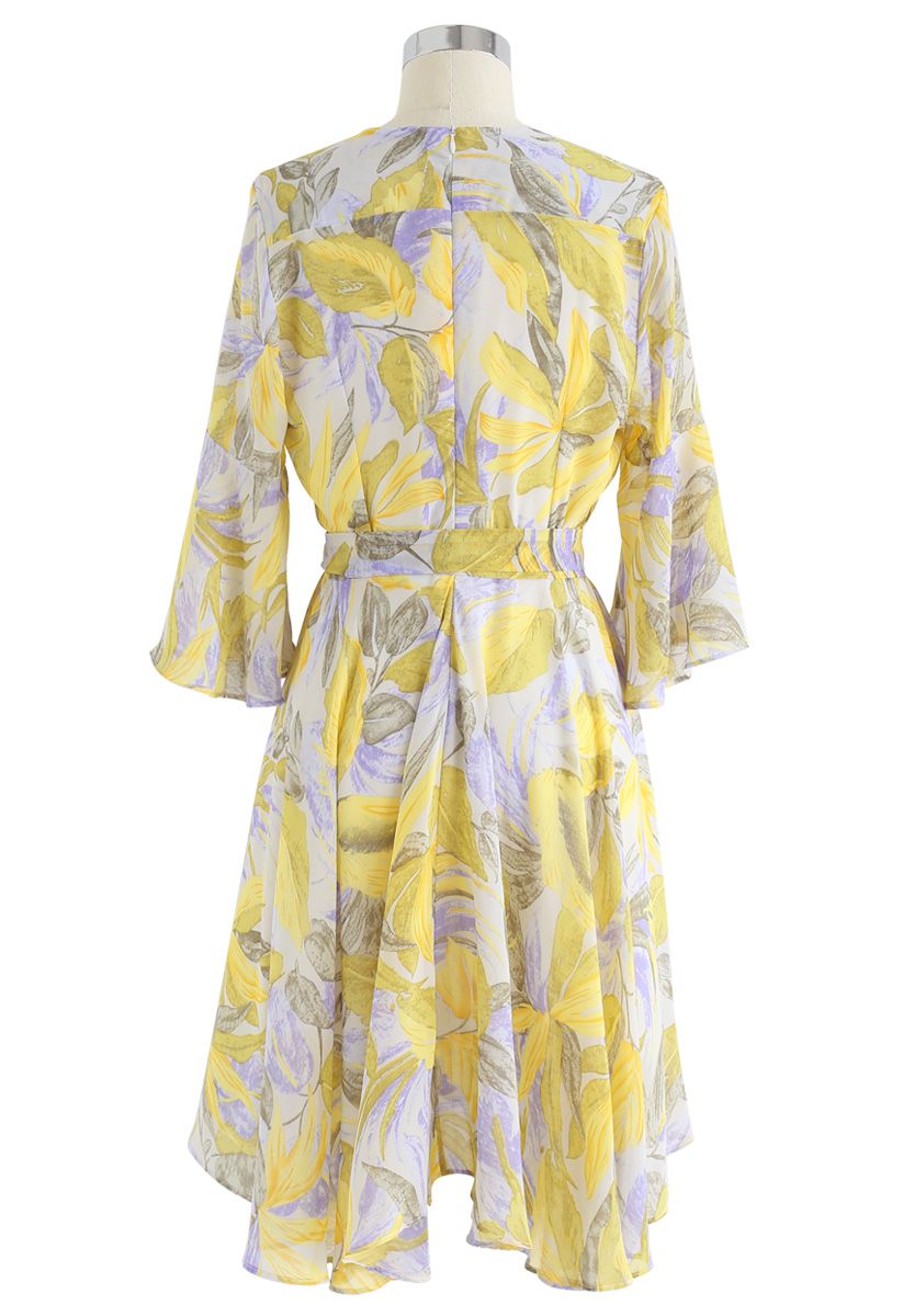 Tropical Splendor Watercolor Printed Wrap Dress in Yellow