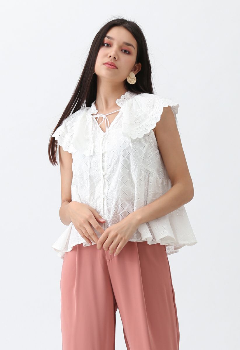 Just My Luck Embroidered Sleeveless Top in White