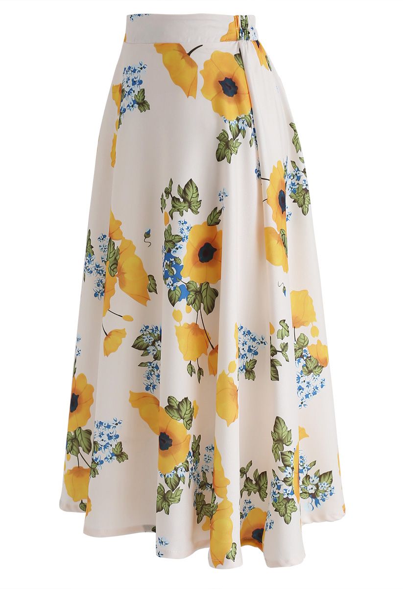 Yellow Morning Glories Printed A-Line Skirt