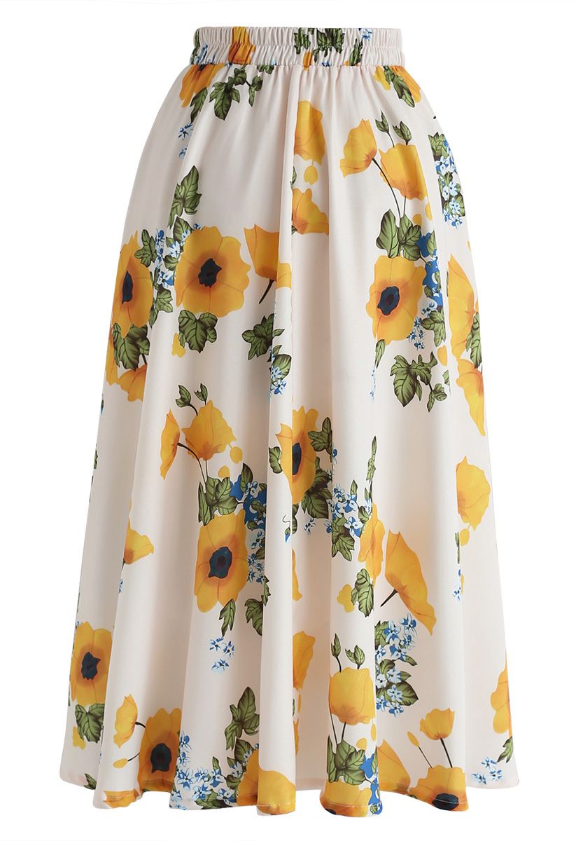 Yellow Morning Glories Printed A-Line Skirt