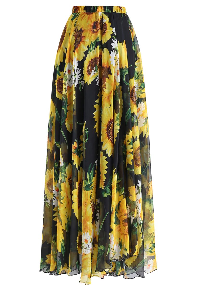 Blooming Sunflower Watercolor Maxi Skirt in Black - Retro, Indie and ...
