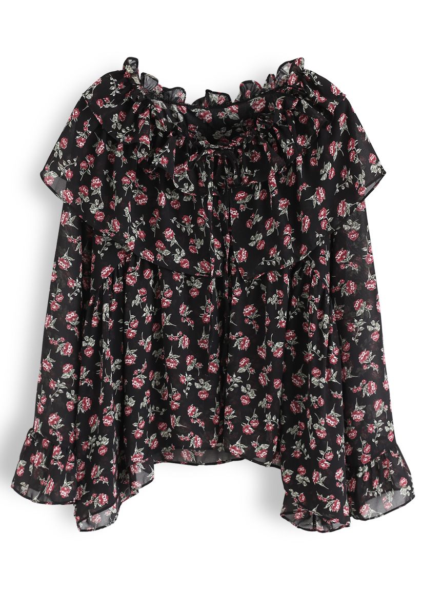 Vivacious Ruffle Floral Chiffon Top in Black