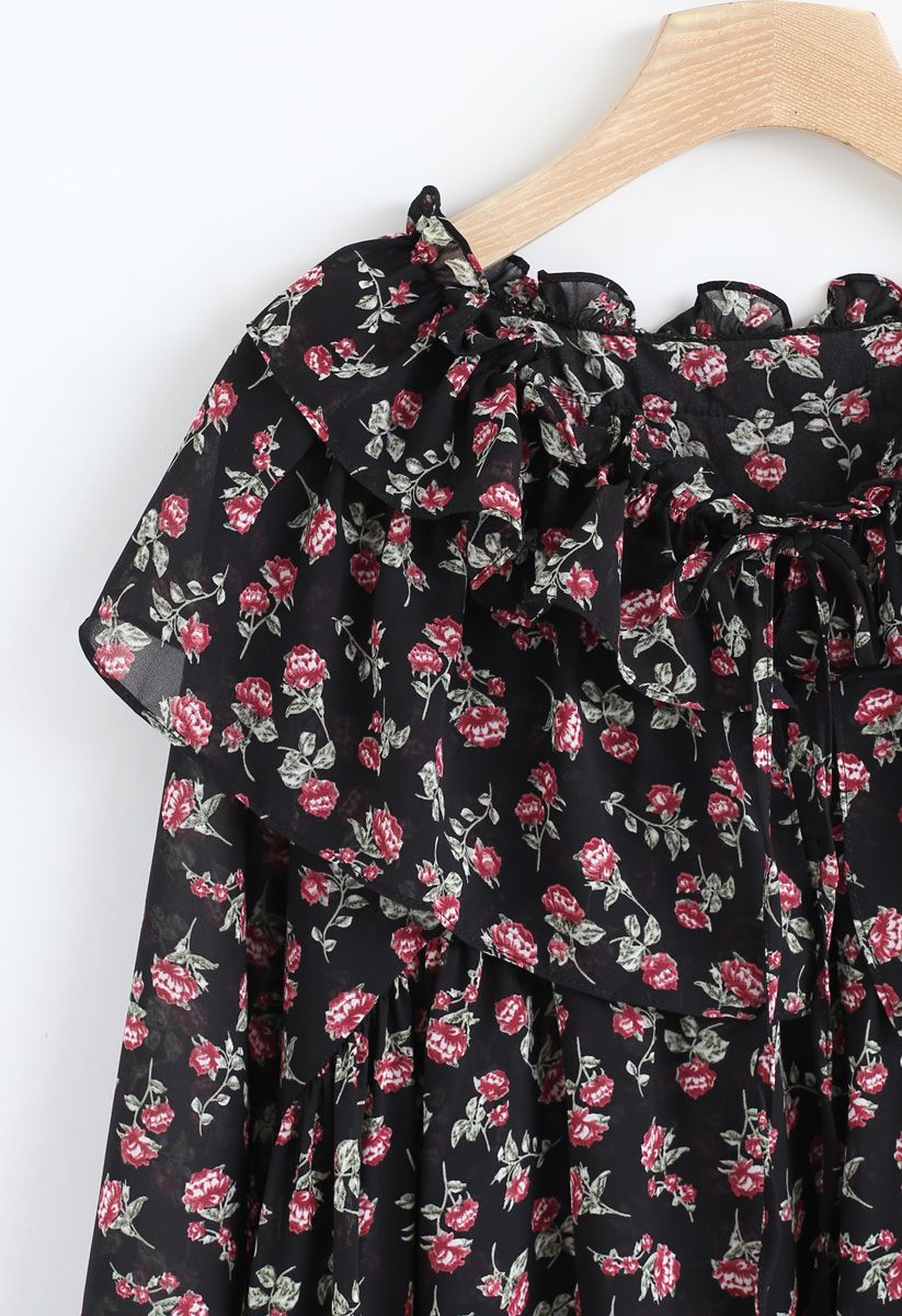 Vivacious Ruffle Floral Chiffon Top in Black