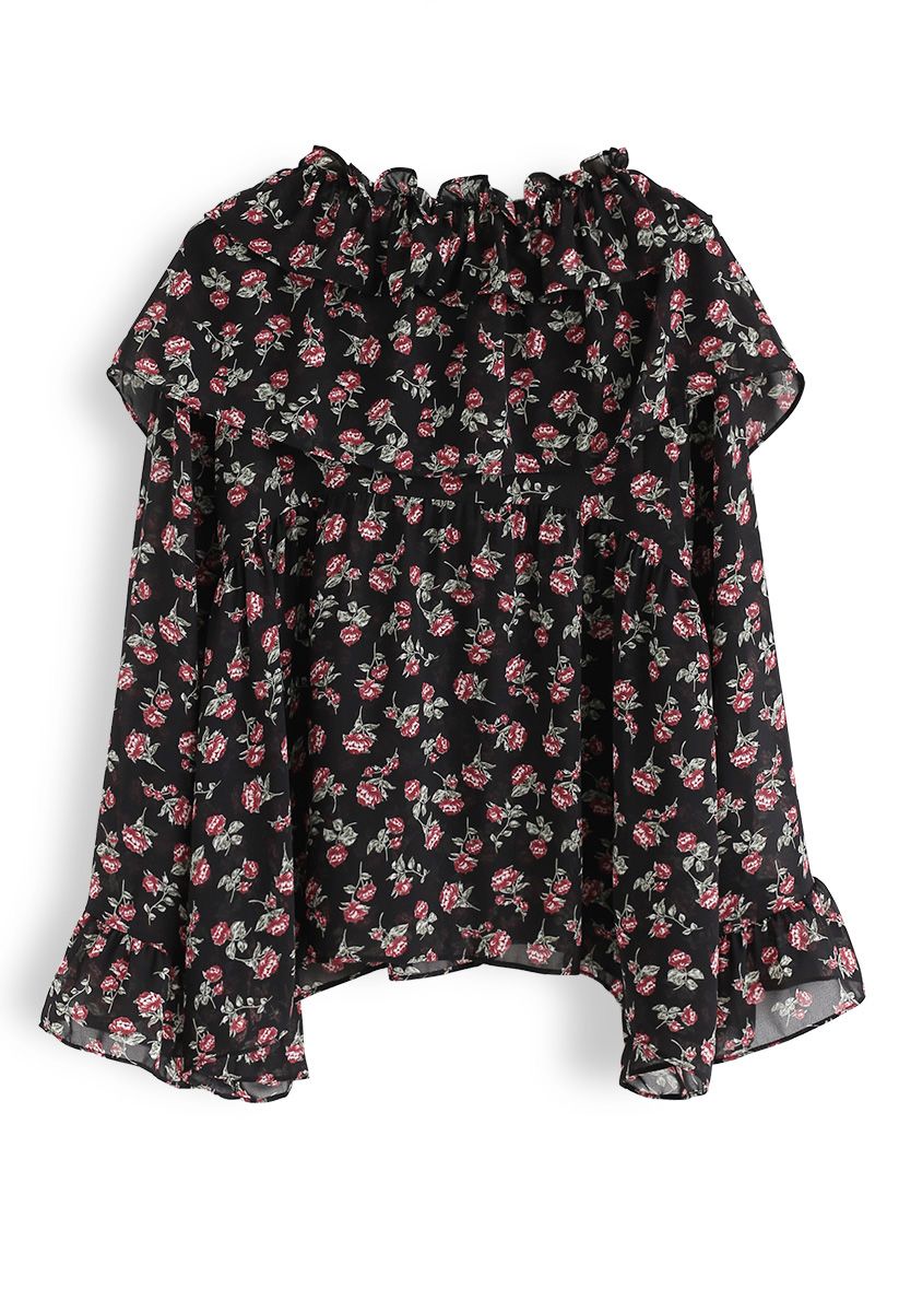 Vivacious Ruffle Floral Chiffon Top in Black