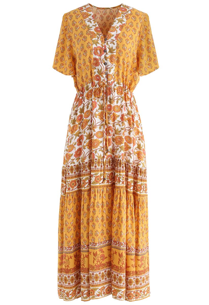 Boho Bomshell Floral Maxi Dress in Mustard - Retro, Indie and Unique ...