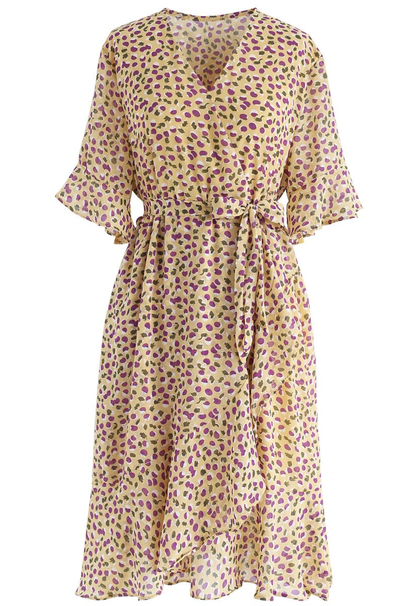 Cheerful Cherry Printed Ruffle Wrap Dress in Yellow - Retro, Indie and ...