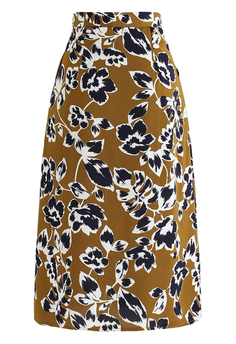 Floral Ting A-Line Midi Skirt in Mustard - Retro, Indie and Unique Fashion