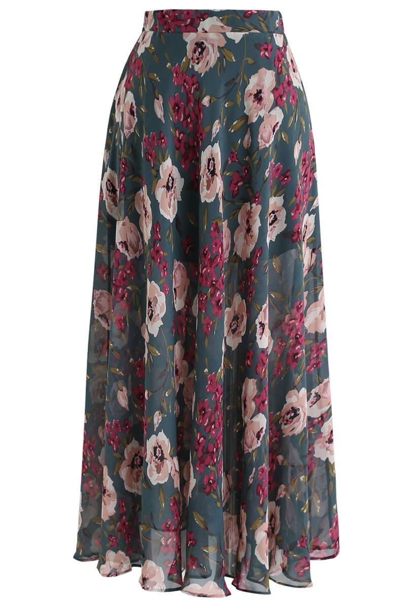 Blossom Age Floral Chiffon Maxi Skirt in Dark Green - Retro, Indie and ...