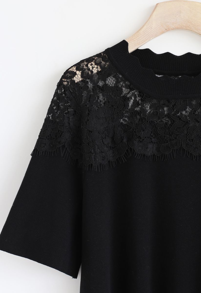 Best Part Lace Trimmed Knit Top in Black - Retro, Indie and Unique Fashion