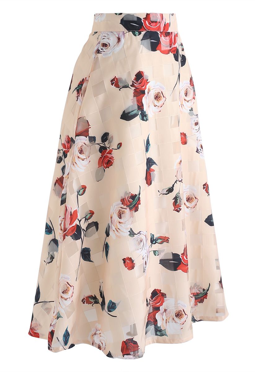 Wild Rose Floral A-Line Midi Skirt in Apricot - Retro, Indie and Unique ...