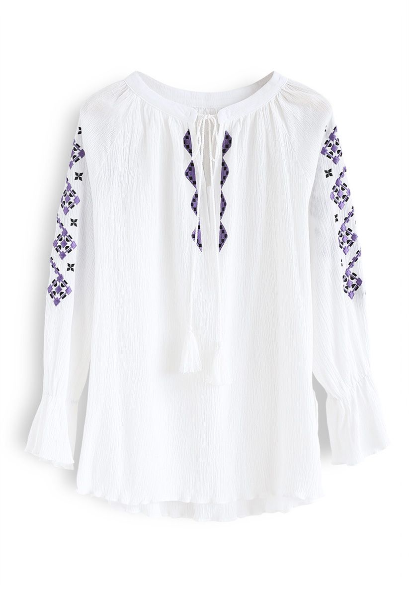Boho Bambi Embroidered Top in White - Retro, Indie and Unique Fashion