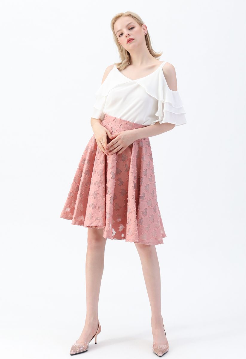 Petal Textured Sheer Midi Skirt in Coral