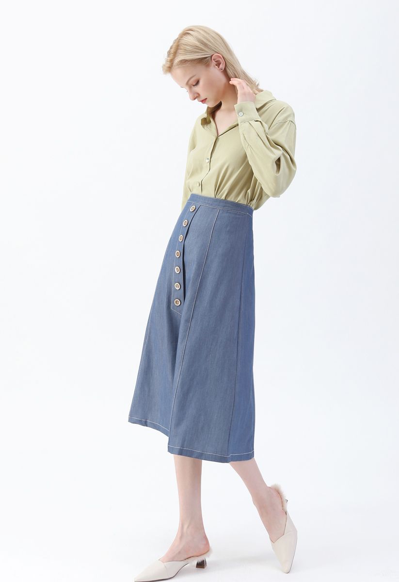 Buttons Trim A-Line Skirt in Blue