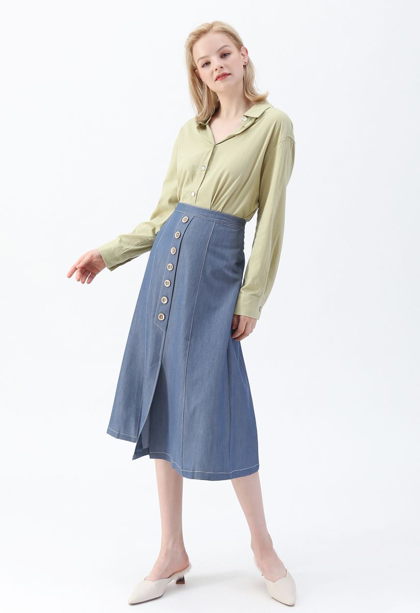 Buttons Trim A-Line Skirt in Blue