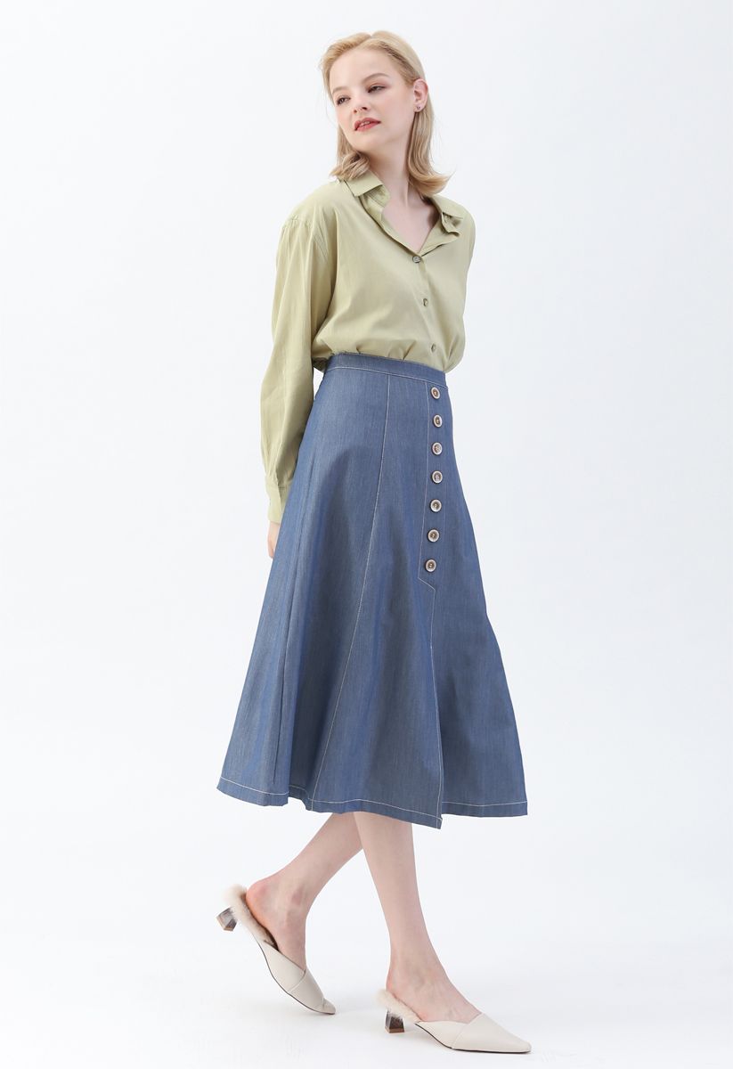 Buttons Trim A-Line Skirt in Blue