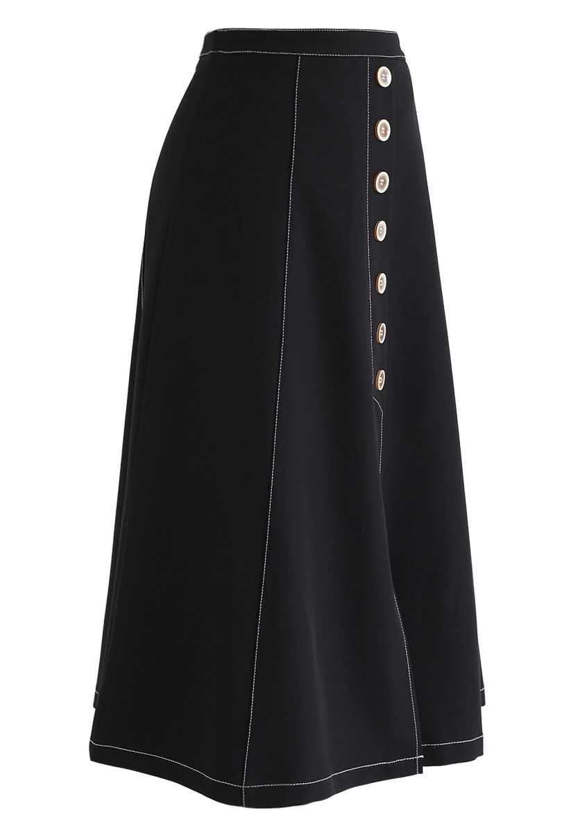 Buttons Trim A-Line Skirt in Black - Retro, Indie and Unique Fashion
