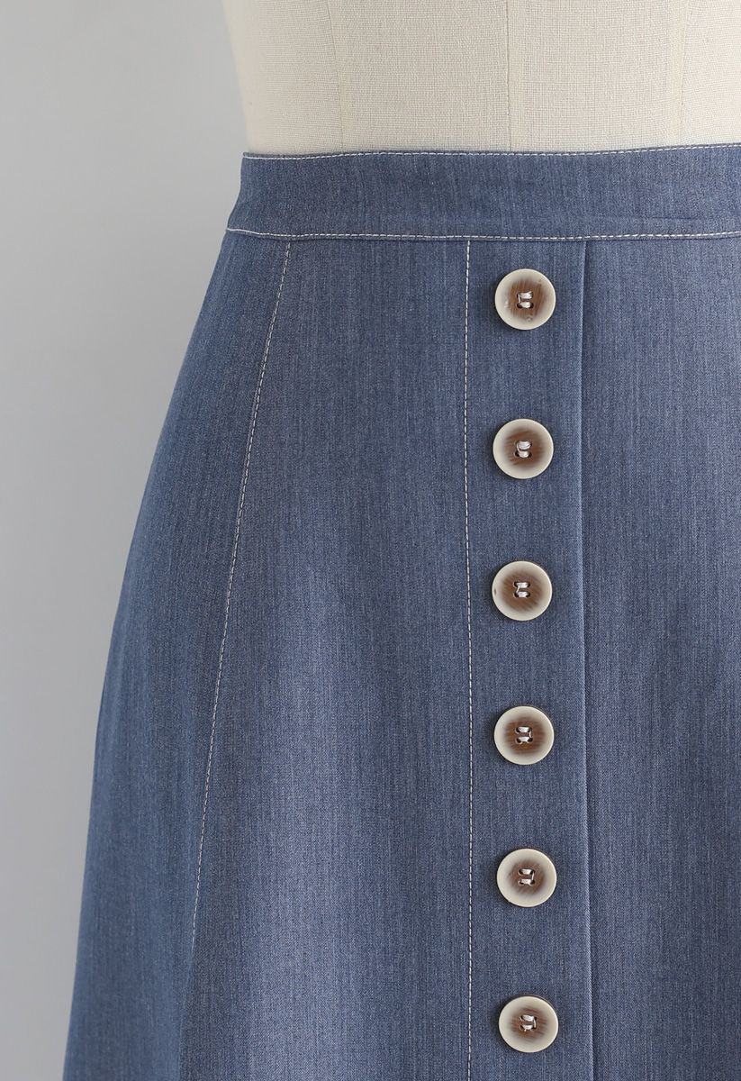 Buttons Trim A-Line Skirt in Blue