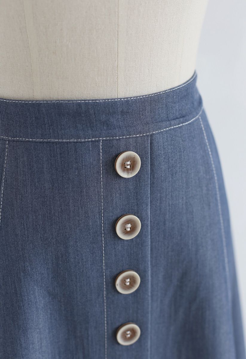 Buttons Trim A-Line Skirt in Blue