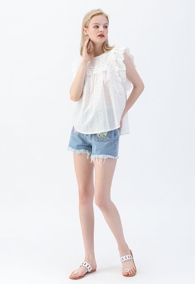 Crochet and Embroidered Sleeveless Top in White 