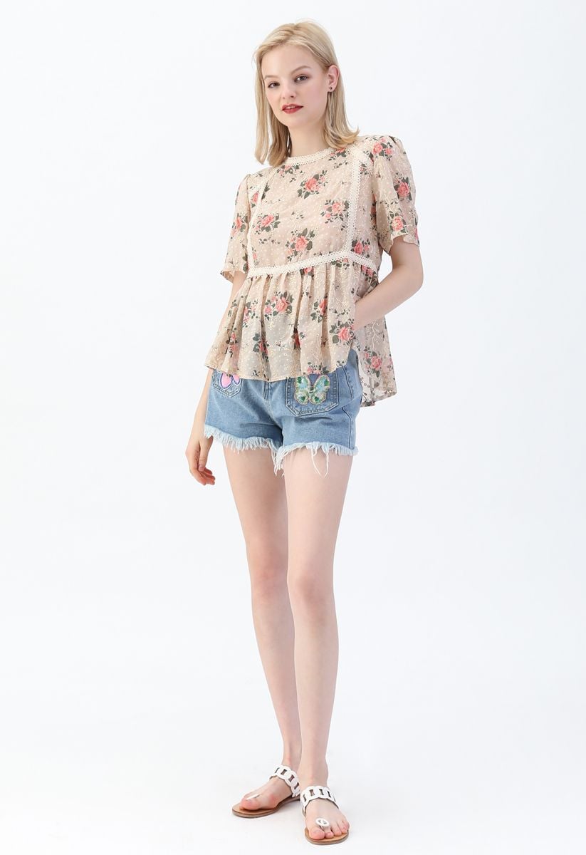 Floral Printed Eyelet Embroidered Peplum Top