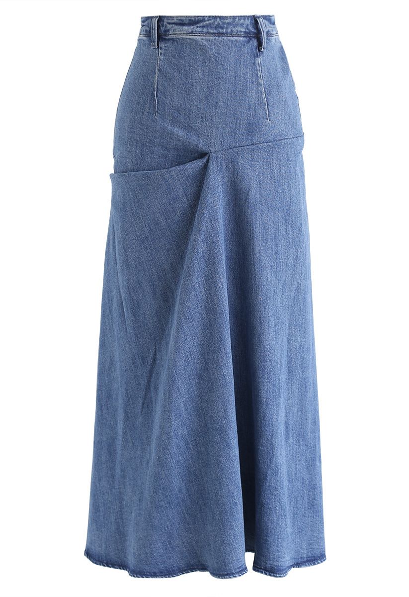 High-Waist Folded Denim Maxi Skirt - Retro, Indie and Unique Fashion