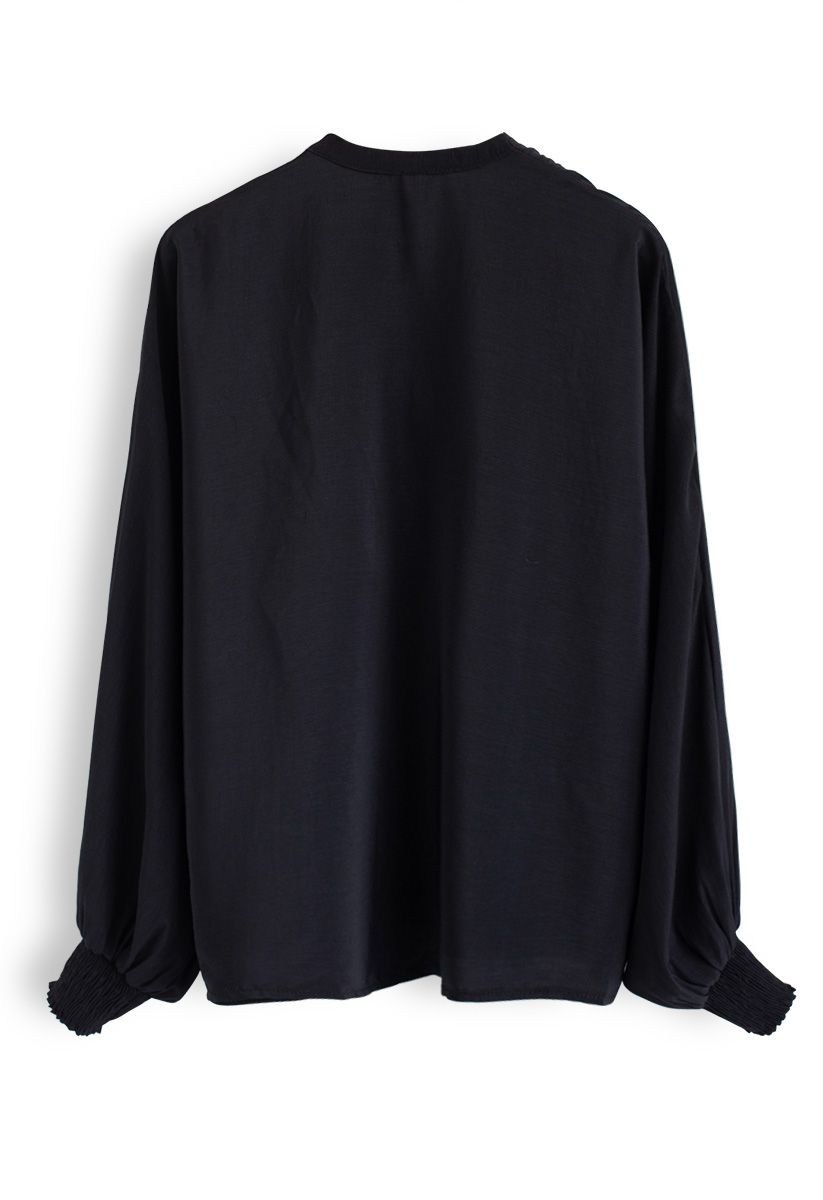 Batwing Sleeves Wrapped Top in Black