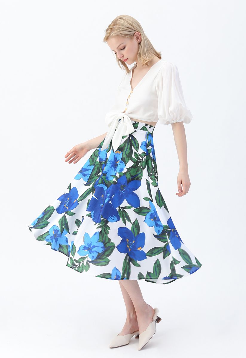 Morning Glory Print Midi Skirt in Blue