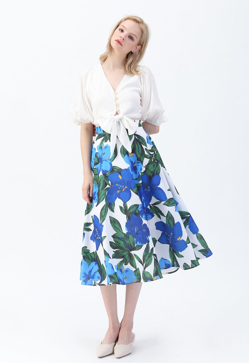 Morning Glory Print Midi Skirt in Blue