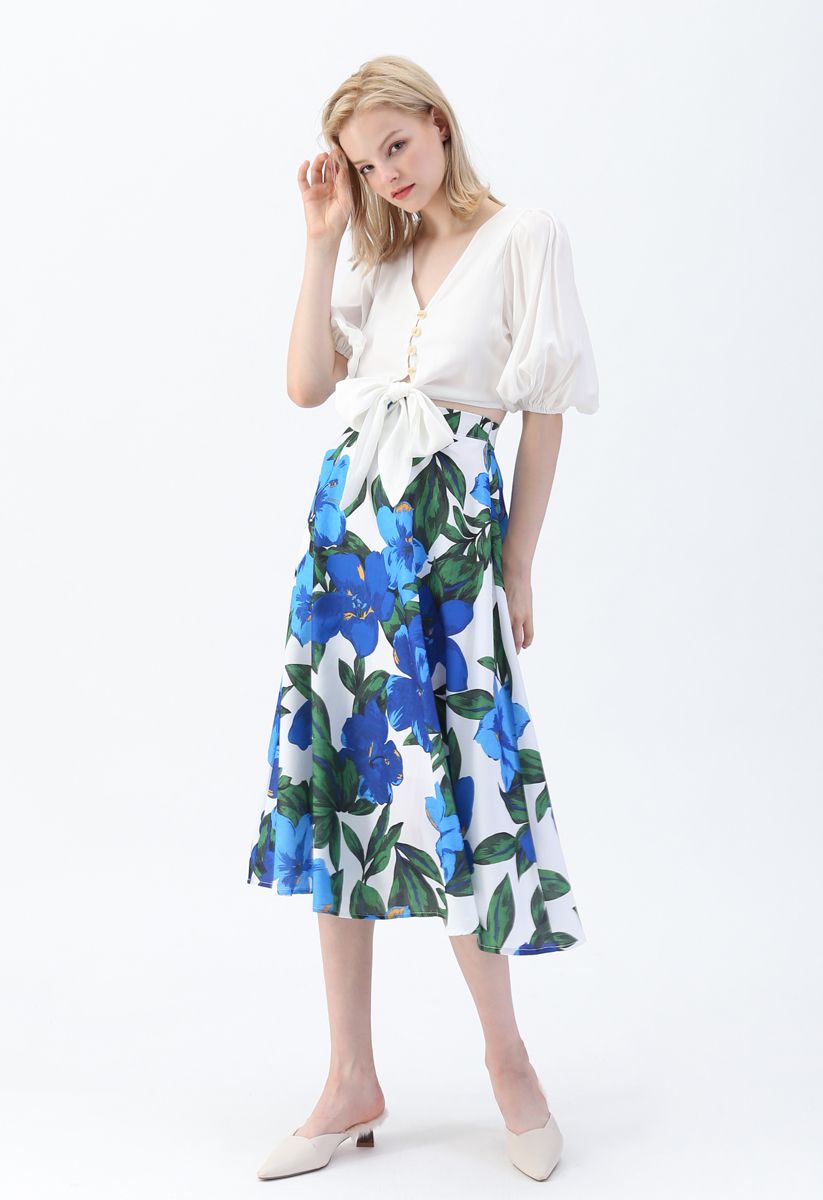 Morning Glory Print Midi Skirt in Blue