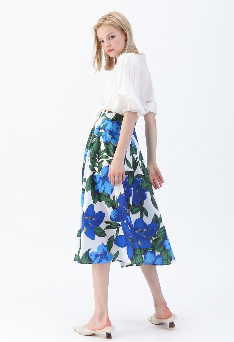 Morning Glory Print Midi Skirt in Blue