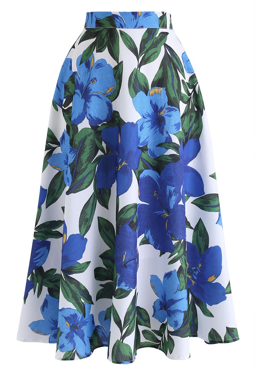 Morning Glory Print Midi Skirt in Blue