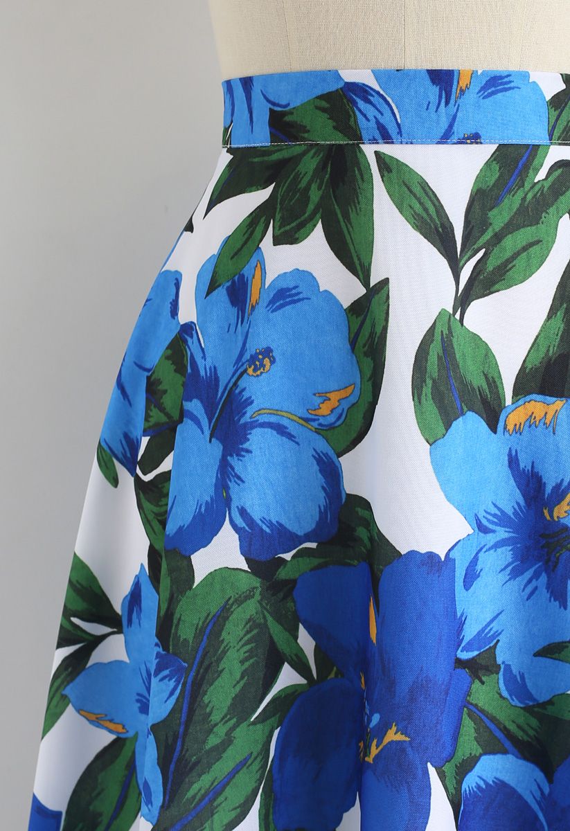 Morning Glory Print Midi Skirt in Blue