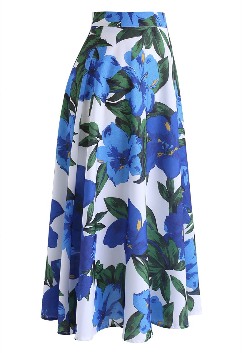 Morning Glory Print Midi Skirt in Blue