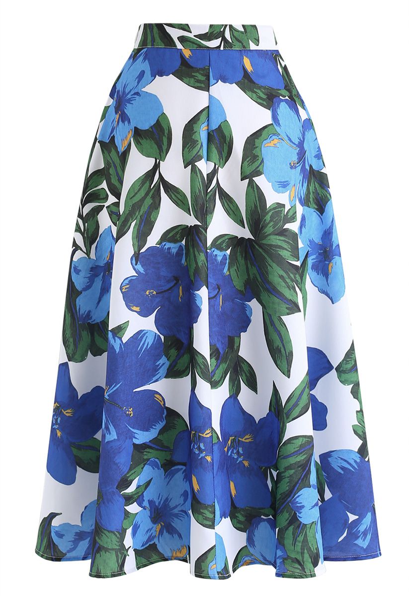 Morning Glory Print Midi Skirt in Blue