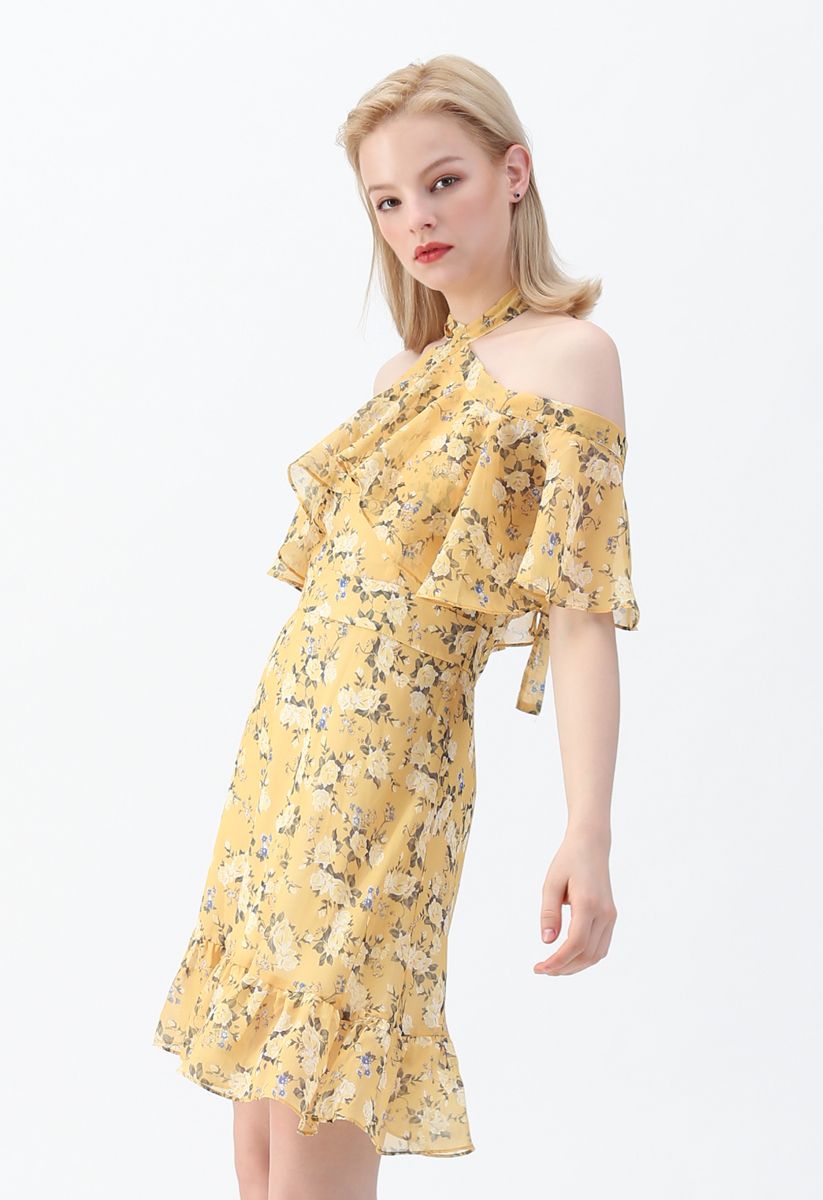 Yellow Peony Print Halter Neck Ruffle Dress - Retro, Indie and Unique ...