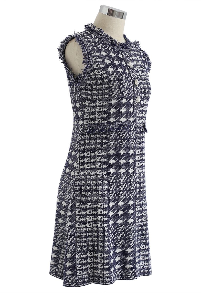 Contrast Houndstooth Pattern Sleeveless Knit Dress in Navy - Retro ...