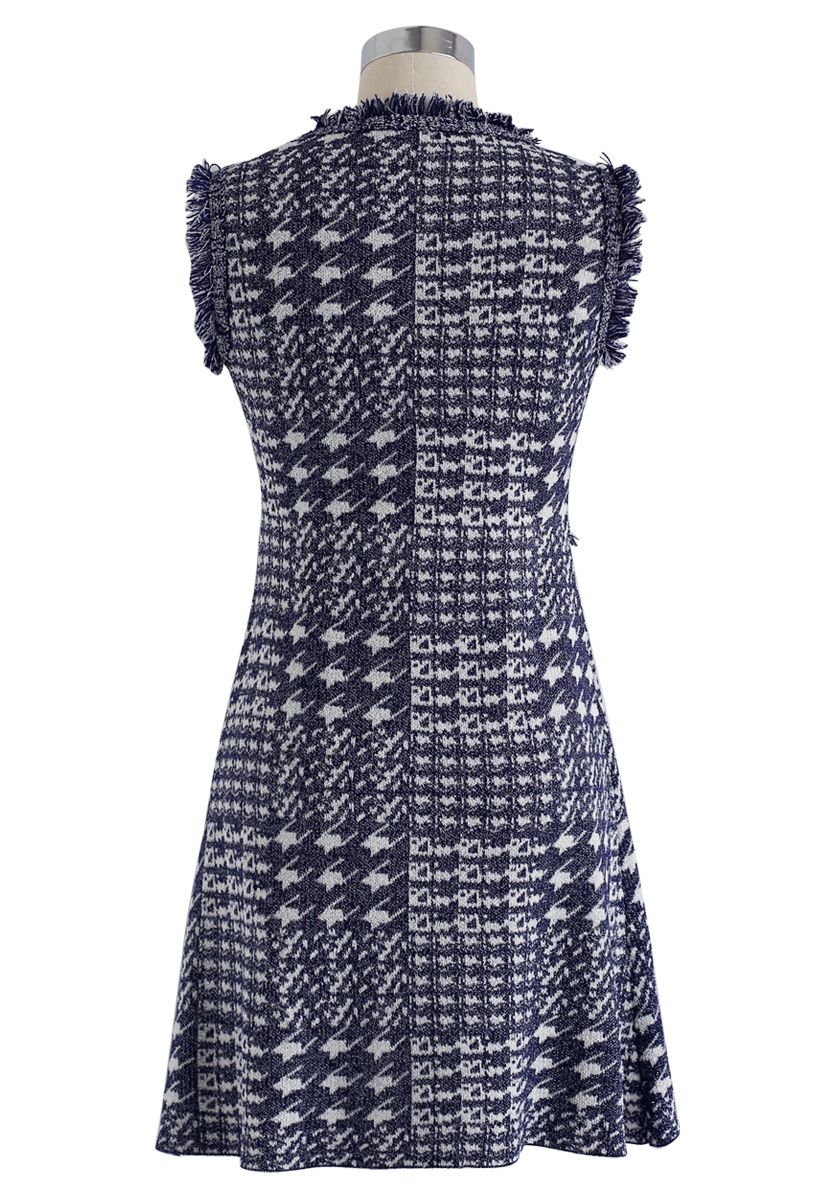 Contrast Houndstooth Pattern Sleeveless Knit Dress in Navy - Retro ...