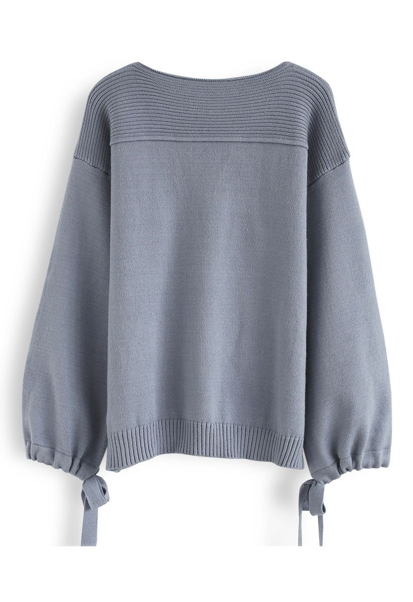 Bubble Sleeves Drawstring Bowknot Knit Sweater in Lavender