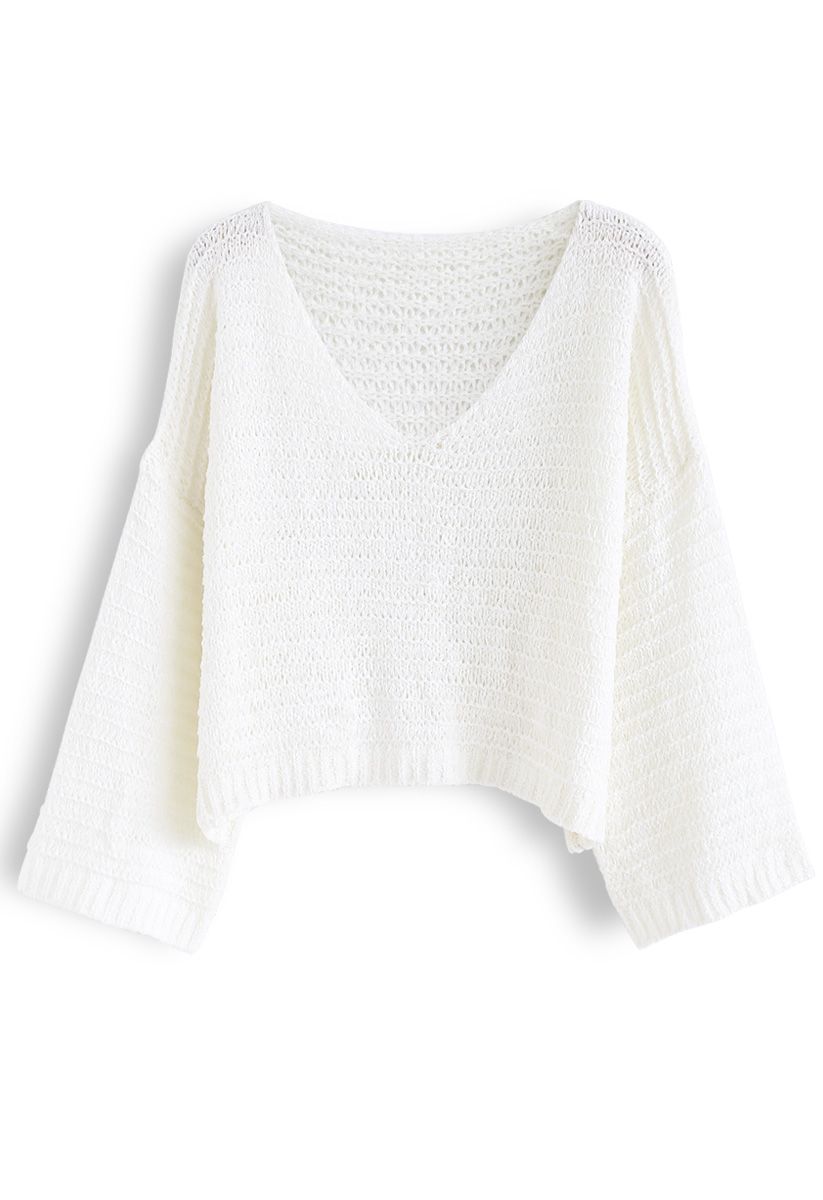 V-Neck Oversize Slouchy Sweater in White - Retro, Indie and Unique Fashion