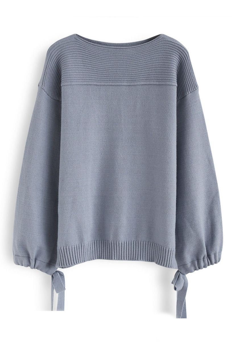 Bubble Sleeves Drawstring Bowknot Knit Sweater in Lavender