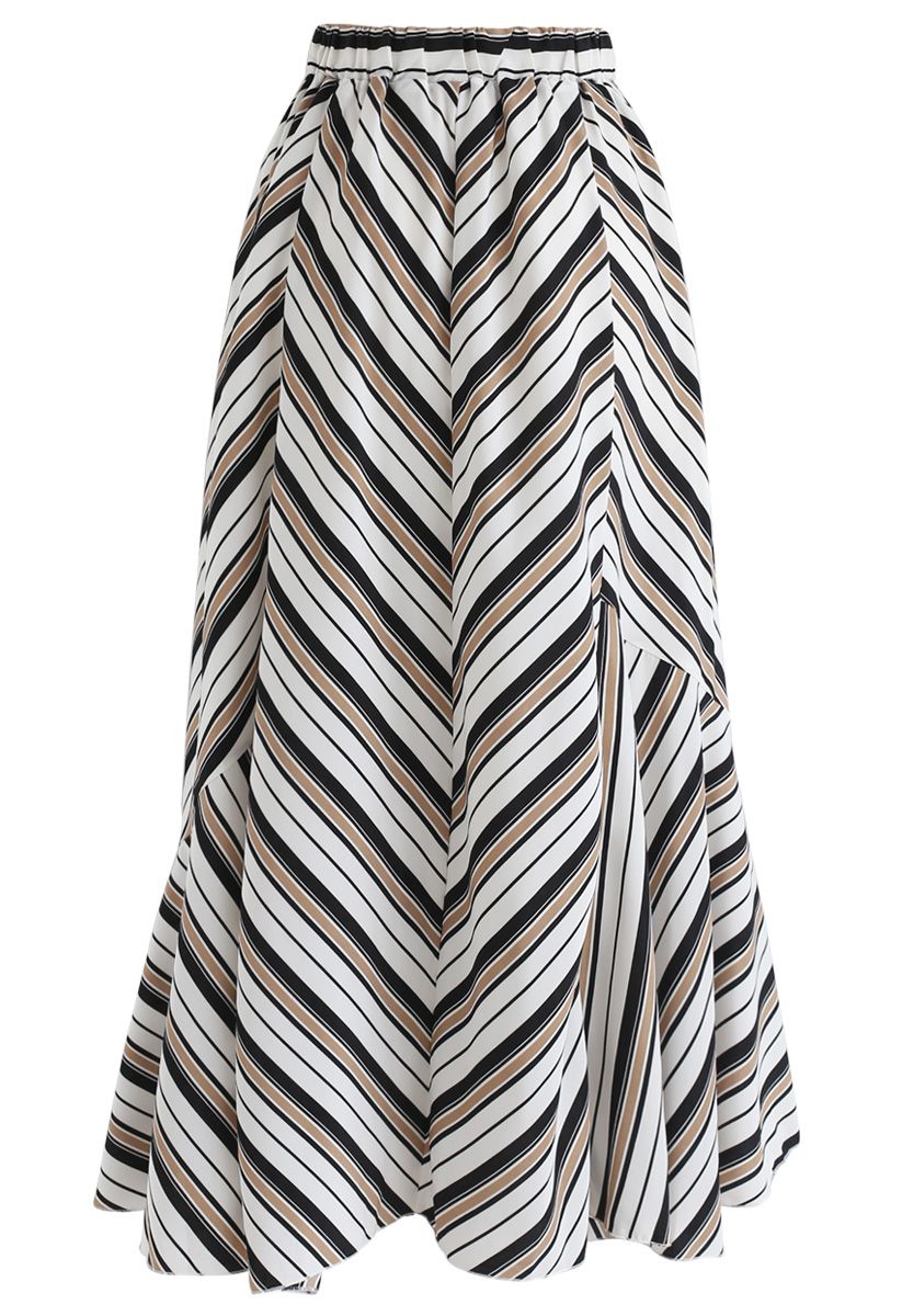 Stripe Asymmetric A-Line Maxi Skirt   