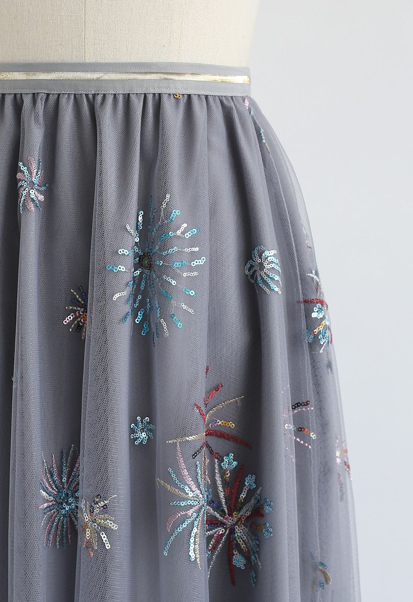 Sequins Trim Floral Embroidered Mesh Midi Skirt