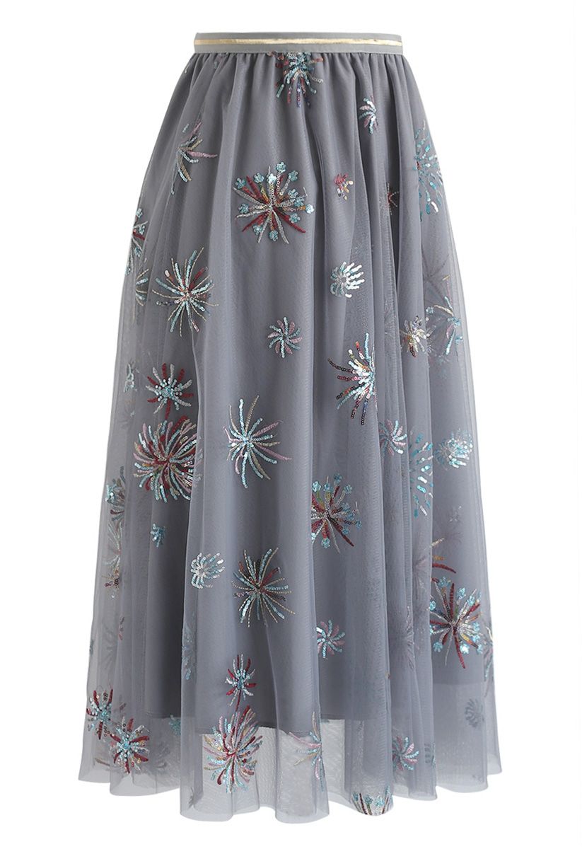 Sequins Trim Floral Embroidered Mesh Midi Skirt