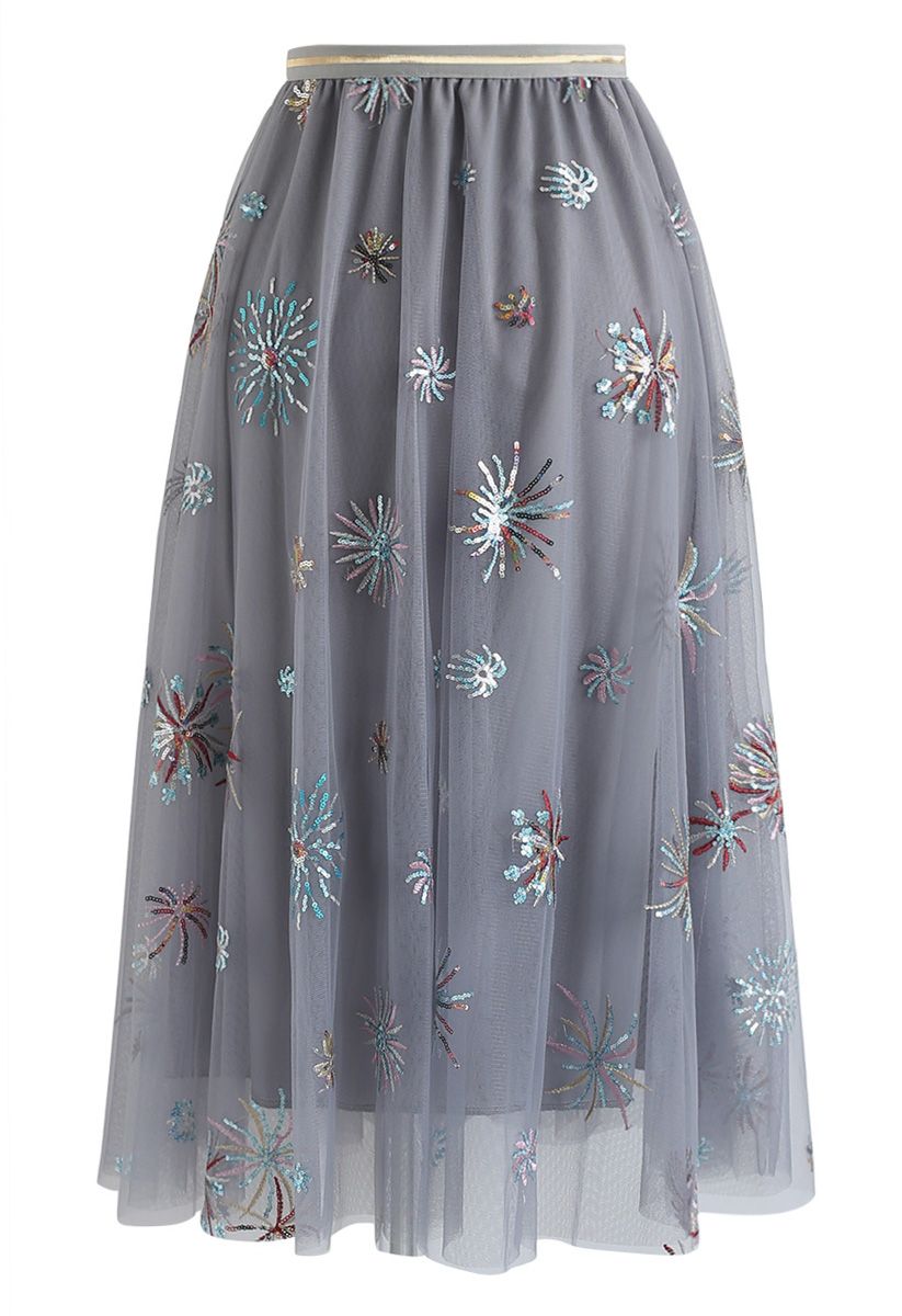Sequins Trim Floral Embroidered Mesh Midi Skirt - Retro, Indie and ...