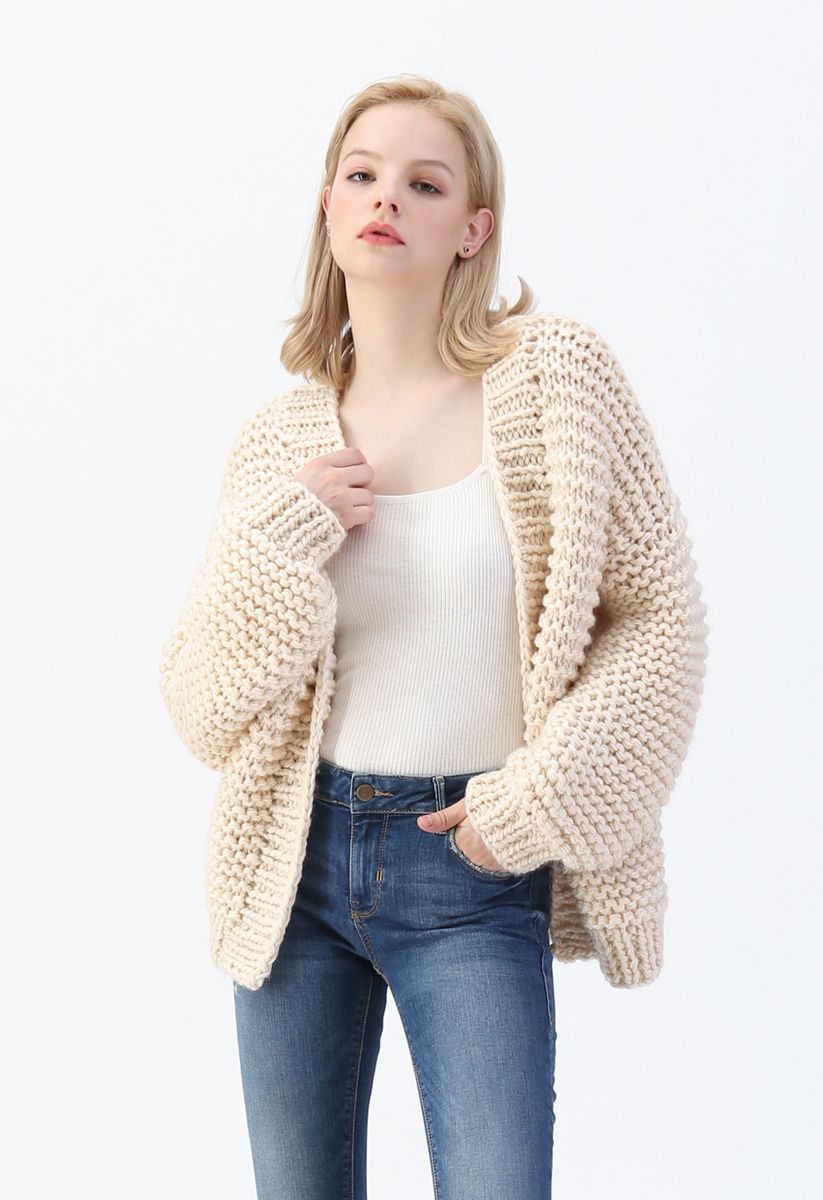 Hand Knit Cable Chunky Cardigan in Cream - Retro, Indie and Unique Fashion