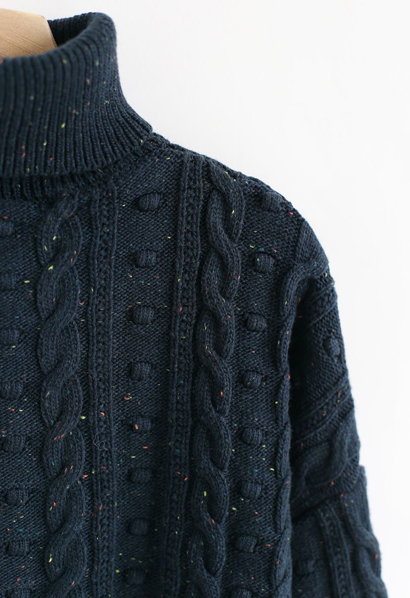 Colored Dots Cable Knit Turtleneck Sweater in Dark Green